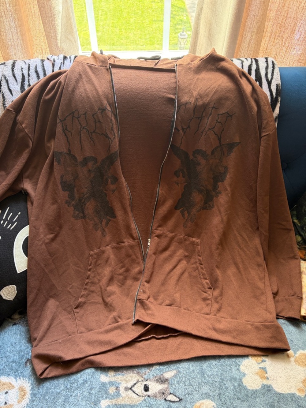 Vintage Brown Zip-Up Hoodie with Dark Cherub Prints